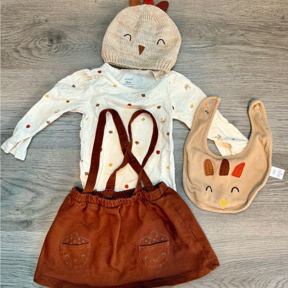 Carter’s Thanksgiving Fall Skirt Jumper Set Beanie, Bib and Outfit